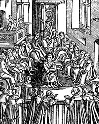 Zasedn eskho zemskho soudu (devoez na tituln stran Zzen zemskch, Praha 1530)