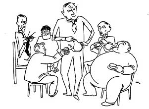 Adolf Hoffmeister nazval svou karikaturu ze 30. let 20. stolet Lyrick seance u F. X. aldy. Jsou na ni zachyceni (zleva): Josef Hora, Jaroslav Seifert, Frantiek Halas, F. X. alda, Jindich Hoej a Vtzslav Nezval